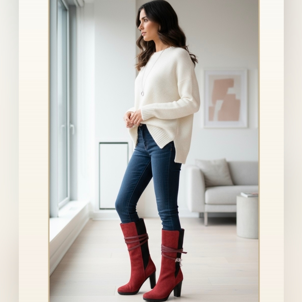 New Burgundy Suede Heeled Boots